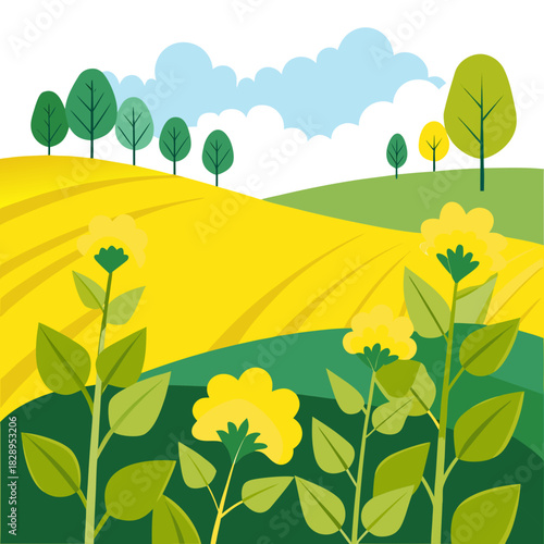 Vibrant countryside landscape with blooming yellow canola fields and green trees under fluffy clouds, evoking a sense of peace and natural beauty for rural tourism campaigns