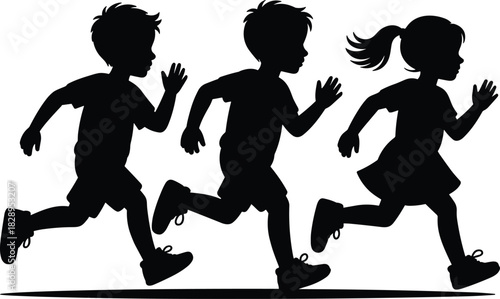 Three children silhouettes running together in a race