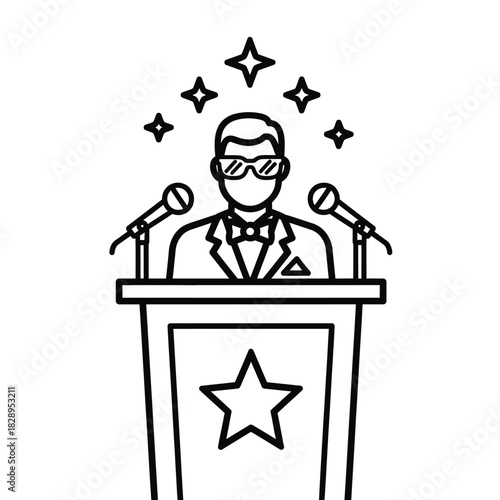 Line art illustration of a person speaking at a podium with microphones and stars representing public speaking and leadership in black and white