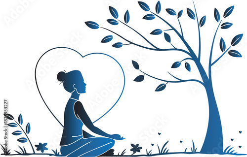 Blue gradient vector illustration of a woman in a lotus yoga pose meditating under a tree, with a heart symbolizing self-love and wellness