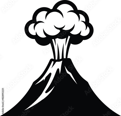 Simple black and white volcano eruption illustration with smoke and lava suitable for educational materials and geological studies isolated on white