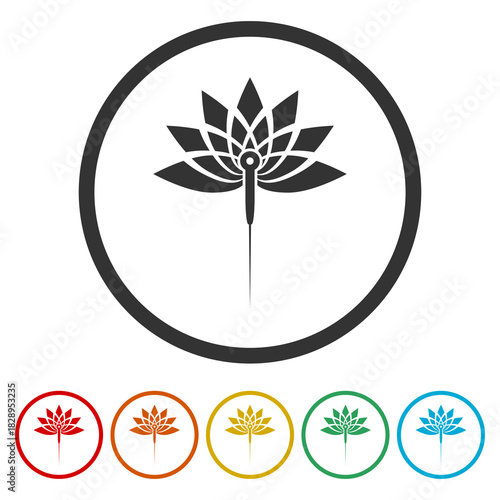 Acupuncture needle and lotus flower icon. Set icons in color circle buttons