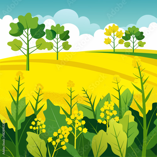 Vibrant yellow canola field with green trees under a serene sky, perfect for conveying natural beauty and agricultural abundance, this stylized scene evokes feelings of peace