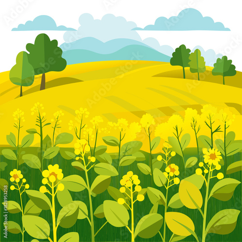 Vibrant canola field landscape with rolling hills and cheerful skies, evoking a sense of peace and natural beauty, perfect for springtime themes and country living promotions
