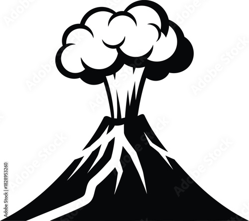 Volcano eruption black and white illustration simple vector graphic of a mountain spewing smoke and lava isolated on a white background