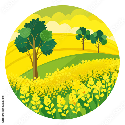 Vibrant yellow canola field landscape with lush green trees, a serene countryside scene evoking feelings of peace and natural beauty perfect for travel and nature publications