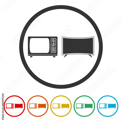 Old and modern TV Television icon. Set icons in color circle buttons
