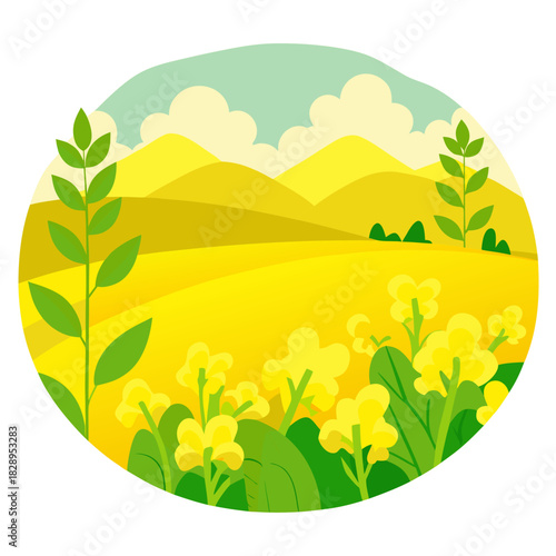 Stunning yellow rapeseed field landscape with gentle rolling hills and fluffy clouds, evoking serenity and natural beauty in a modern, scalable design, perfect for spring themes