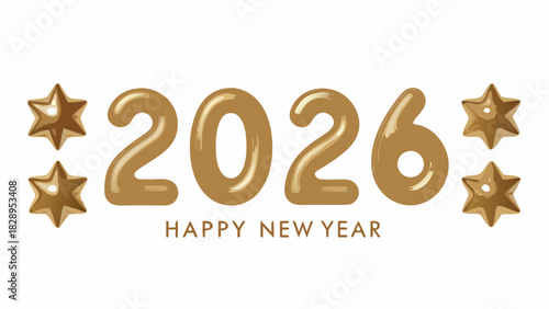 Golden balloons forming the year 2026 with celebratory stars and text