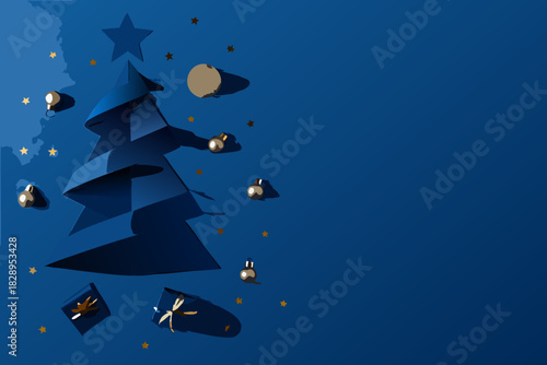 Paper christmas tree with gifts and golden stars on blue background