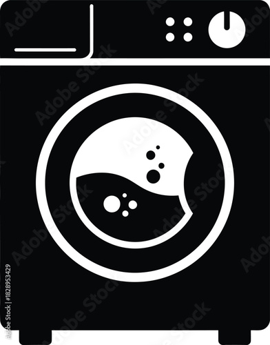 Black and white washing machine icon with circular door and bubbles inside representing laundry and appliance symbolism for cleanliness