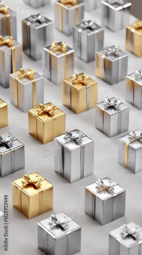 Array of decorative gift boxes with gold and silver tones and bows