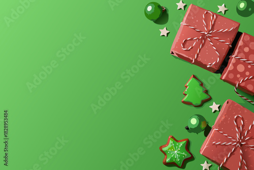 Festive green background with christmas gifts cookies and decorative ornaments