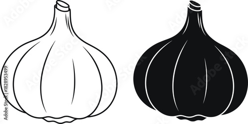 Two garlic bulbs in black and white outline style culinary herb and flavoring ingredient simple vector illustration on white background