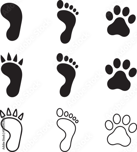 Assortment of nine footprint and paw print icons in black silhouette and outline on a white background Keywords: footprint, human footprint, footstep, shoe print, paw print, animal paw, dog paw