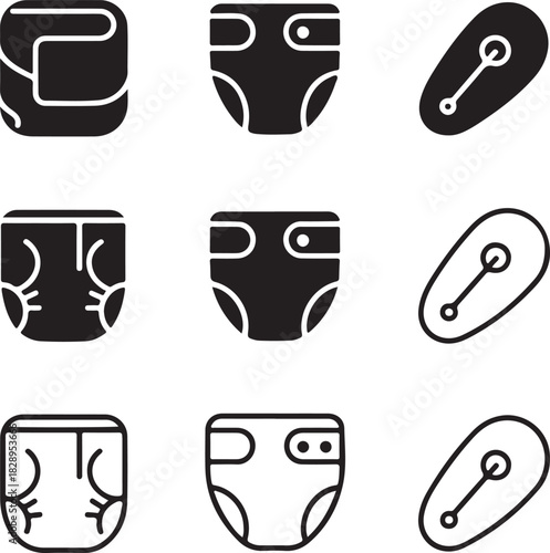 Baby Diaper and Pacifier Icons Set Different Styles and Views Keywords: baby, diaper, pacifier, icons, set, baby care, infant, toddler, clothing, hygiene, disposable, cloth, protection, comfort