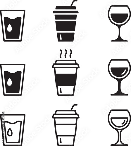 Beverage Icons Set Glass Water Coffee Cup Wine Glass Drink Symbols illustration