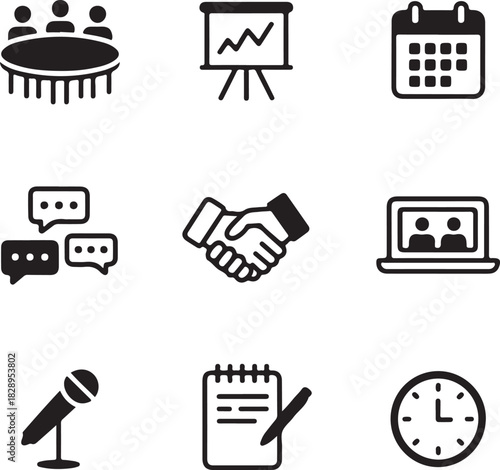 Business meeting icons including a round table discussion a whiteboard with graph a calendar handshake chat bubbles a laptop with video call a microphone a notepad and a clock Keywords: meeting