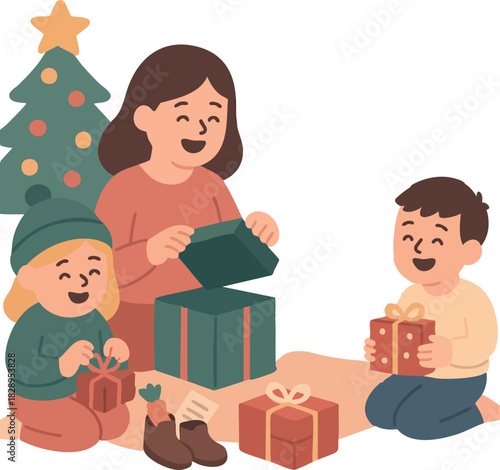 A joyful family sits together by the Christmas tree, happily unwrapping colorful presents in a warm and cozy holiday setting.