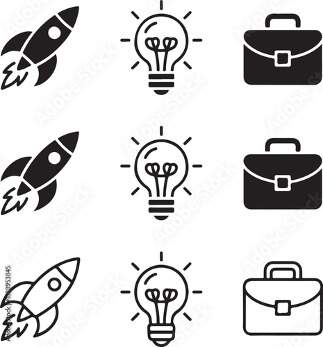 Business startup icons featuring rocket light bulb and briefcase