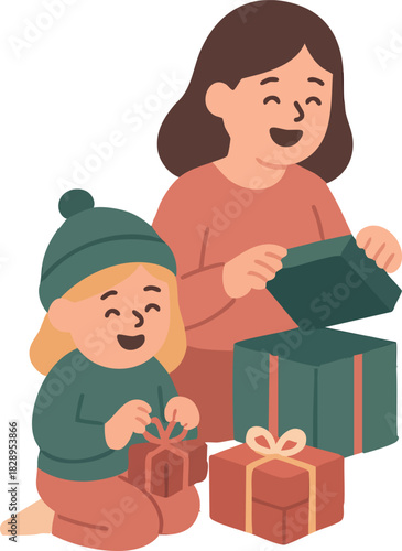 A cheerful mother and child sit together opening Christmas gifts, smiling warmly as they enjoy a cozy holiday moment.