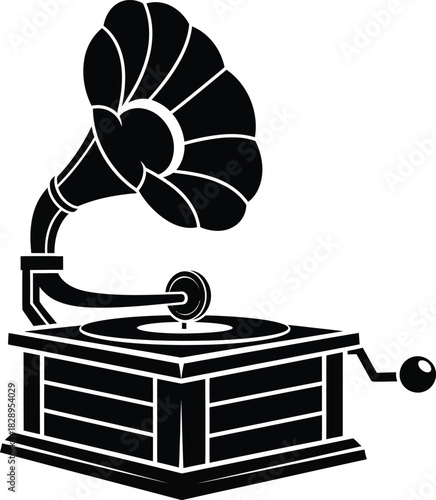 Vintage gramophone illustration in black and white a classic phonograph with horn speaker and hand crank for playing records nostalgic design