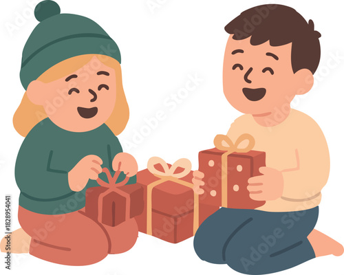 A smiling boy and girl sit together on the floor, happily opening their wrapped Christmas presents.