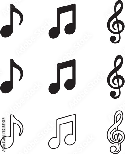Collection of musical notes and treble clefs in solid and outline styles on a white background g clef