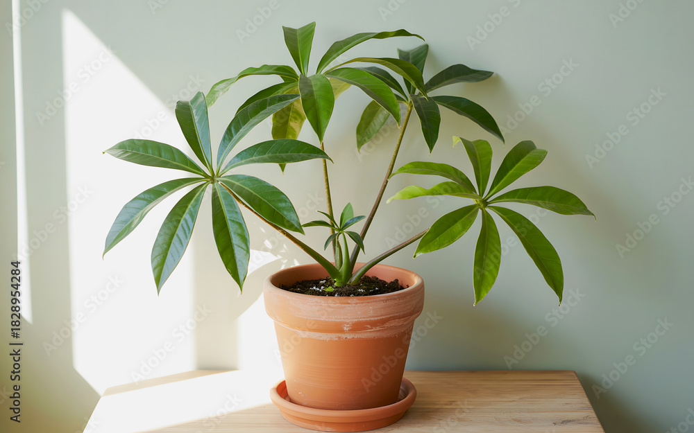 Fototapeta premium Green Indoor Plant In Terracotta Pot Placed On Wooden Table With Sunlight