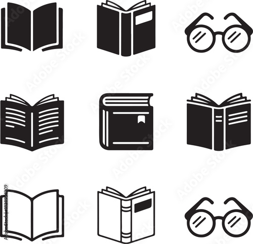 Collection of nine book and glasses icons in black silhouette and outline on a white background Keywords: book, open book, closed book, glasses, spectacles, reading, literature, education