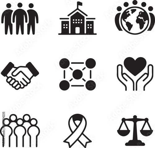 Collection of Social and Community Icons Representing Unity and Support Keywords: group of people, building, school, globe, handshake, network, heart, hands, community, support, ribbon, awareness