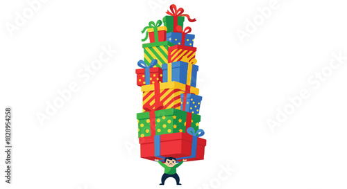 A man carrying a large stack of gifts, a visual metaphor for overloaded with presents