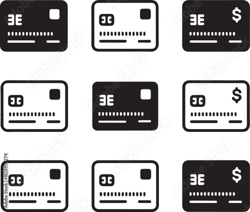 Credit Card Icons with Chip and Dollar Sign Variations Keywords: credit card, debit card, bank card, payment, transaction, money, finance, banking, chip, magnetic stripe, contactless, dollar sign
