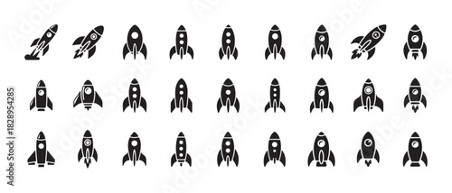 Set of 30 rocket icons launching and flying, simple black and white illustrations on white background