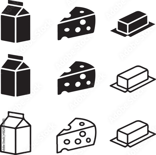 Dairy Product Icons Featuring Milk Carton Cheese and Butter Keywords: milk, milk carton, dairy, beverage, drink, cheese, swiss cheese, food, ingredient, butter, spread, dairy product, icon, set