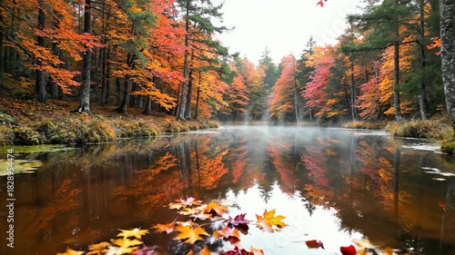 Autumn Reflections - Serene Lake Amidst Vibrant Fall Foliage.