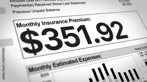 A close-up of a bill showing a sharply increasing monthly insurance premium. Concept to illustrate rising costs for health, auto, or home insurance. 14951  	