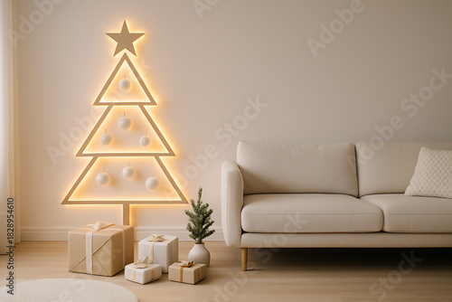Minimal beige living room with illuminated wall tree and wrapped gifts creating warm festive atmosphere