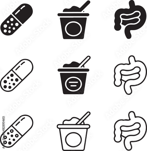 Medical and digestive system icons including pill, yogurt cup, and intestines capsule medicine