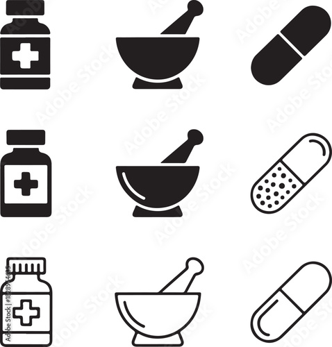 Medical icons including pills capsules mortar and pestle and medicine bottles Keywords: medicine, pill, capsule, mortar, pestle, bottle, medical, health, pharmacy, healthcare, drug, treatment