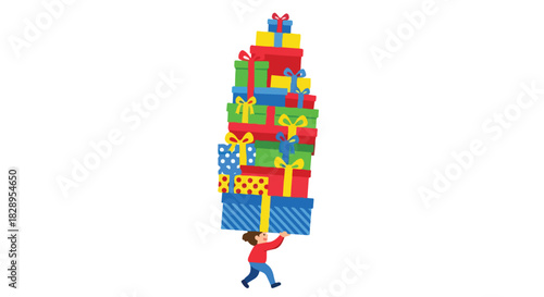 Towering Gifts Person Under a Stack of Presents Illustration for Celebrations and Special Occasions 171