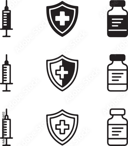 Medical Icons Set Syringe Shield and Medicine Bottle Symbols on White Background Keywords: medical, healthcare, medicine, syringe, injection, vaccine, shield, protection, cross, health, safety