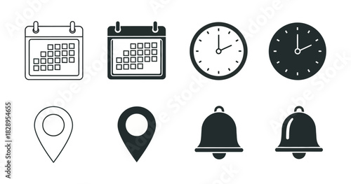 Essential business and personal planning icons including calendar, clock, location pin, and notification bell symbols Vector