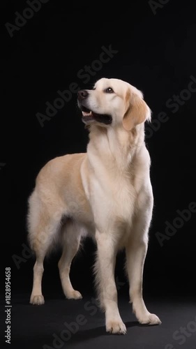 Golden retriever dog posing against black background portrait studio shot