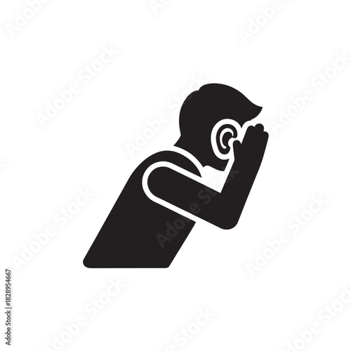 Man with hand to ear icon listening carefully simple flat vector glyph isolated on white background