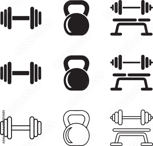 Nine black and white icons depicting various weightlifting and fitness equipment Keywords: dumbbell icon, kettlebell icon, barbell icon, weight bench icon, fitness icon, gym icon, workout icon