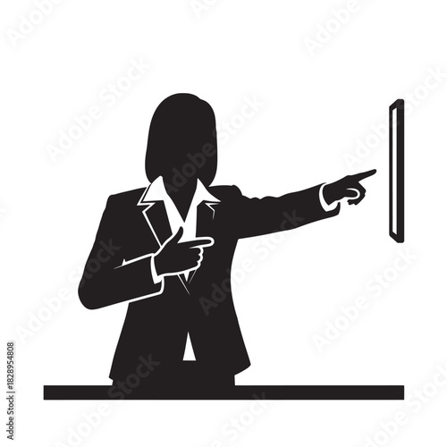 Businesswoman silhouette pointing at a screen vector illustration for presentations isolated on white background