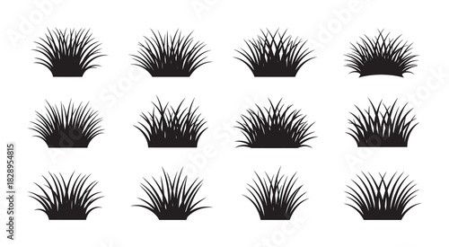 Set of diverse grass silhouettes vector art, featuring various natural bush and clump shapes for use as design elements and borders. Vector