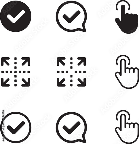 Nine black and white icons showing checkmarks, speech bubbles with checkmarks, and hand gestures tick