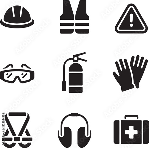 Nine safety and protection equipment icons in black and white hard hat helmet